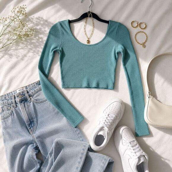 Source Unknown Tops - Aeropostale Ribbed Crop Top XS Teal Long Sleeve Fitted Y2K Stretch